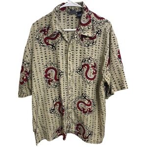Y2K Dragon Print Button Up Shirt Script Asian Inspired Novelty Camp Shirt Mens L